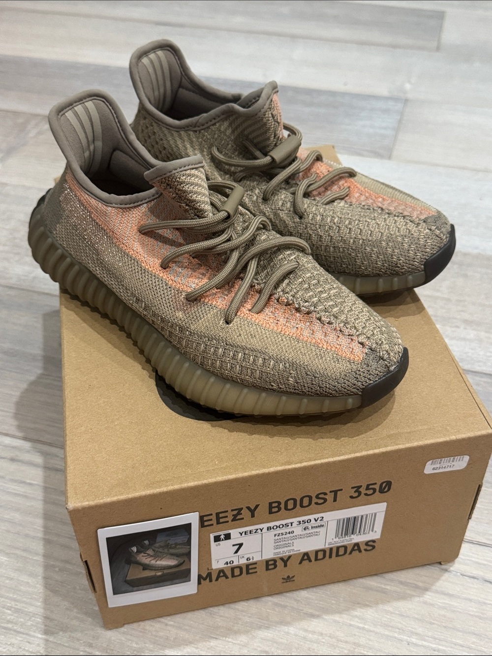 Adidas Yeezy:  Sneakers in Olive with Orange Stripe Size 7